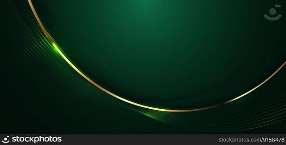 Abstract 3d gold curved line on dark green background with lighting effect and sparkle with copy space for text. Luxury design style. Vector illustration