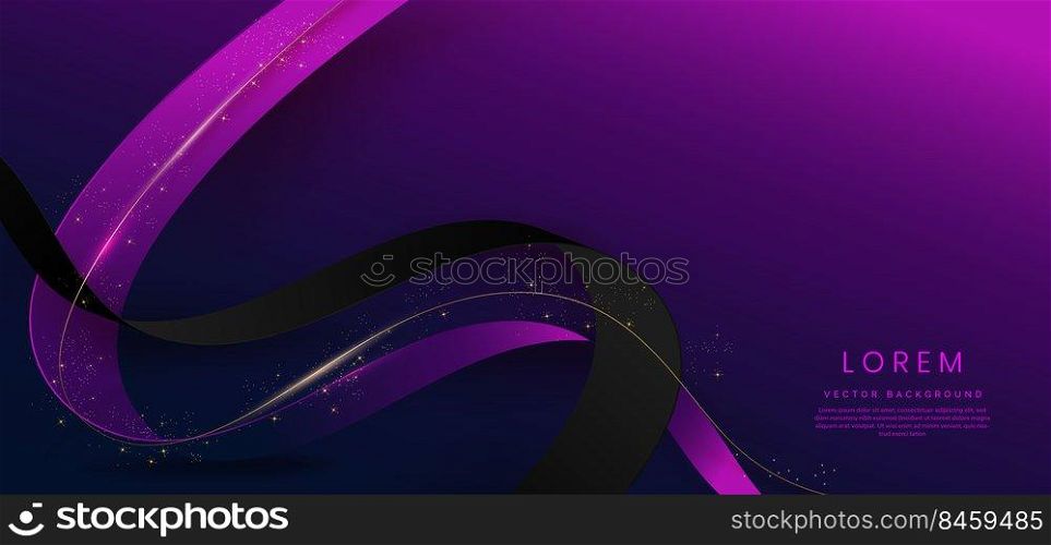 Abstract 3d gold curved purple and dark blue ribbon on dark background with lighting effect and sparkle with copy space for text. Luxury design style. Vector illustration