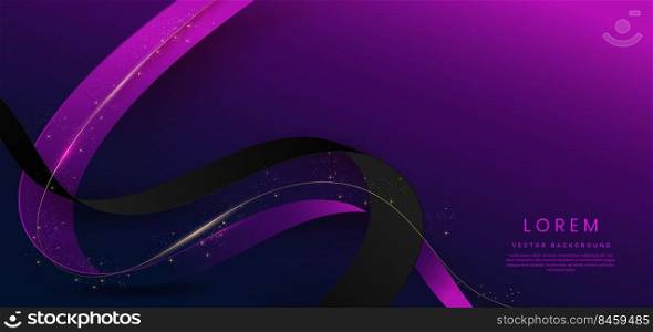 Abstract 3d gold curved purple and dark blue ribbon on dark background with lighting effect and sparkle with copy space for text. Luxury design style. Vector illustration