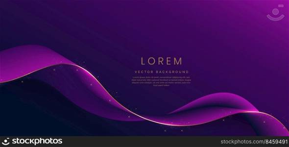 Abstract 3d gold curved purple ribbon on purple and dark blue background with lighting effect and sparkle with copy space for text. Luxury design style. Vector illustration