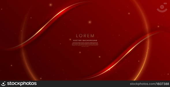 Abstract 3d gold curved red on red background with lighting effect and sparkle with copy space for text. Luxury design style. Vector illustration