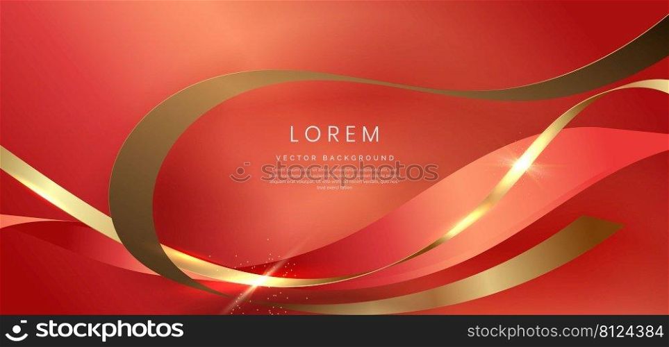 Abstract 3d gold curved red ribbon on red background with bll lighting effect and sparkle with copy space for text. Luxury design style. Vector illustration
