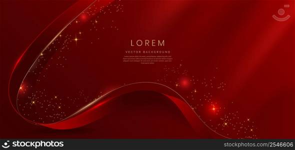 Abstract 3d gold curved red ribbon on red background with lighting effect and sparkle with copy space for text. Luxury design style. Vector illustration