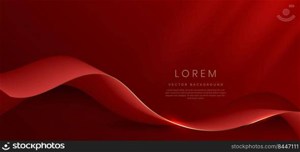 Abstract 3d gold curved red ribbon on red background with lighting effect and sparkle with copy space for text. Luxury design style. Vector illustration