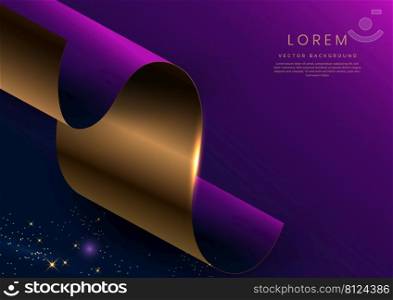 Abstract 3d gold curved ribbon on purple and dark blue background with lighting effect and sparkle with copy space for text. Luxury design style. Vector illustration