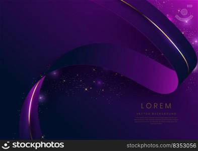 Abstract 3d gold curved ribbon on purple and dark blue background with lighting effect and sparkle with copy space for text. Luxury design style. Vector illustration