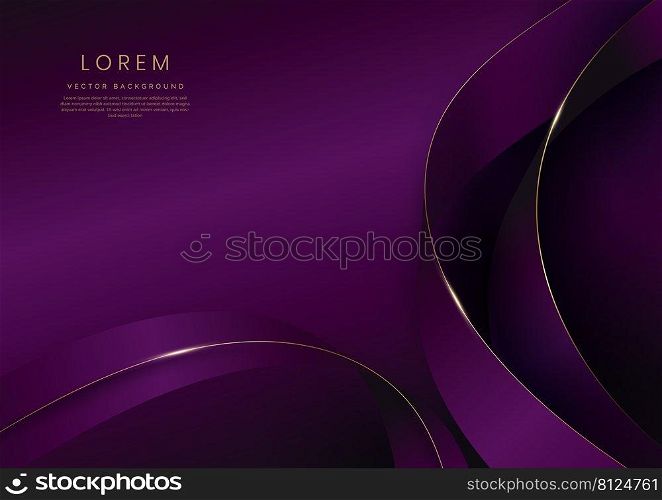Abstract 3d gold curved ribbon on purple and dark purple background with lighting effect and sparkle with copy space for text. Luxury design style. Vector illustration