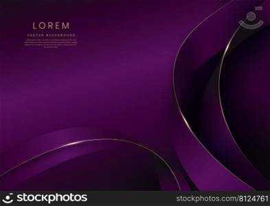 Abstract 3d gold curved ribbon on purple and dark purple background with lighting effect and sparkle with copy space for text. Luxury design style. Vector illustration