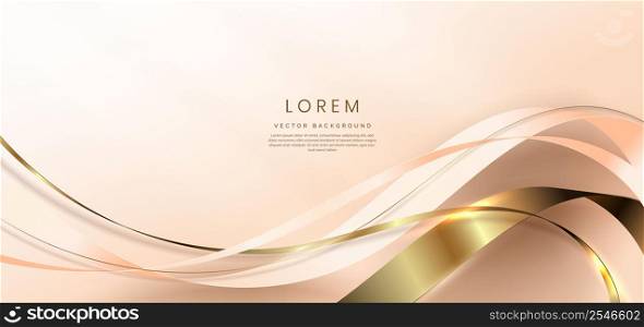 Abstract 3d gold curved ribbon on rose gold background with lighting effect and sparkle with copy space for text. Luxury design style. Vector illustration
