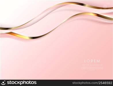 Abstract 3d gold curved ribbon on soft pink background with lighting effect and sparkle with copy space for text. Luxury design style. Vector illustration