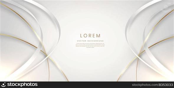 Abstract 3d gold curved white and gold ribbon on grey background with lighting effec and copy space for text. Luxury design style. Vector illustration