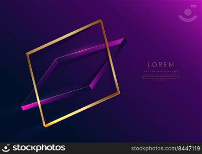 Abstract 3d gold square frame on purple and dark blue background with lighting effect and sparkle with copy space for text. Luxury square frame design style. Vector illustration