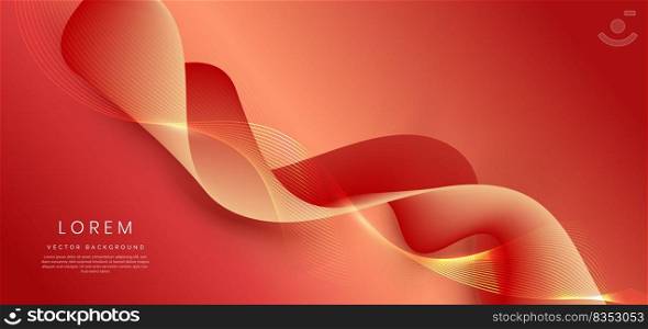 Abstract 3d gold wave red ribbon on red background with lighting effect. Luxury design style. 