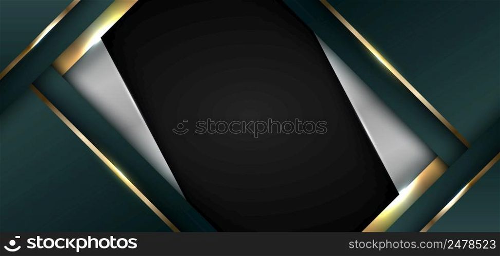 Abstract 3D green and white stripes triangles shapes with shiny gold lines lighting effect on black background banner template luxury style. Vector illustration