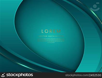 Abstract 3d green background with gold lines curved wavy sparkle with copy space for text. Luxury style template design. Vector illustration