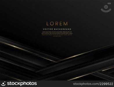 Abstract 3D grey and black luxury geometric diagonal overlapping shiny black background with lines golden glowing with copy space for text. Vector illustration