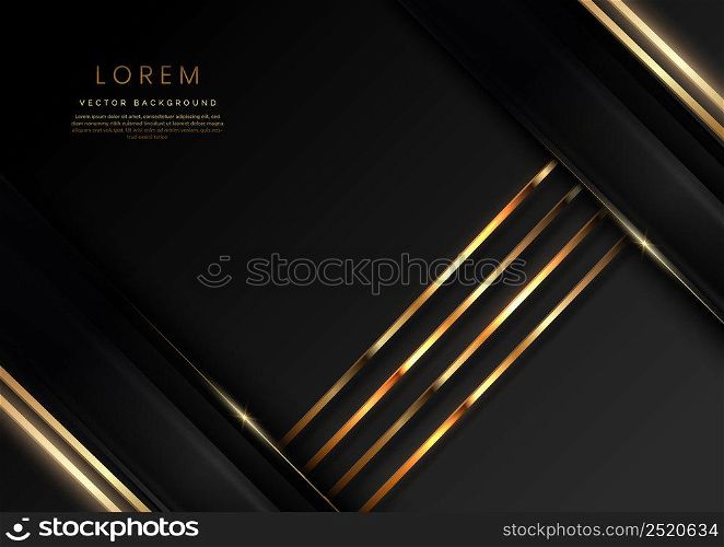 Abstract 3D grey and black luxury geometric diagonal overlapping shiny black background with lines golden glowing with copy space for text. Vector illustration