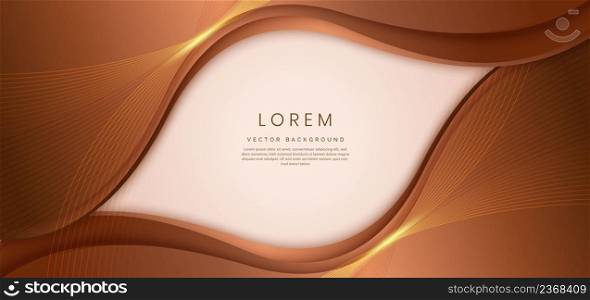 Abstract 3d light brown background with gold lines curved wavy sparkle with copy space for text. Luxury style template design. Vector illustration