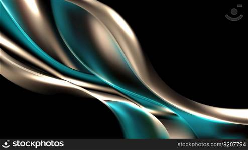 Abstract 3D liquid or fluid golden and green emerald metallic color with lighting effect isolated on black background luxury style. Vector illustration