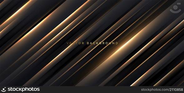 Abstract 3d luxury black background with diagonal geometric glowing golden effect lines. Futuristic elegant decoration template, backdrop, banner. Vector illustration