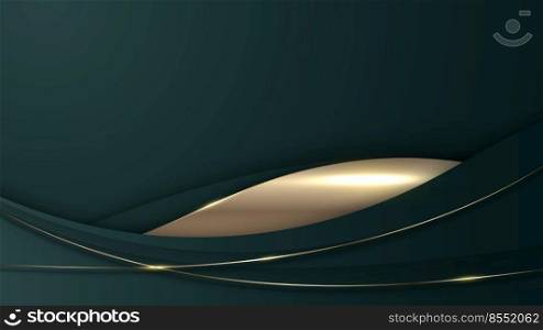 Abstract 3D luxury green color wave curve lines with shiny golden curved line decoration and glitter lighting on green background. Vector illustration