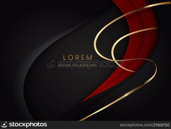 Abstract 3d luxury paper cut style red and grey curved shape on black background with line golden lighting effect. Vector illustration