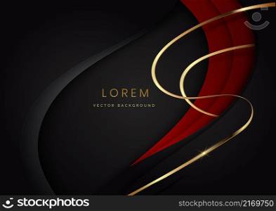 Abstract 3d luxury paper cut style red and grey curved shape on black background with line golden lighting effect. Vector illustration