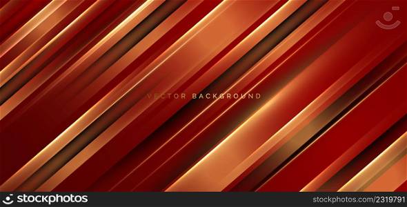 Abstract 3d luxury red and gold geometric diagonal background with glowing golden effect lines. Futuristic elegant decoration template, backdrop, banner. Vector illustration