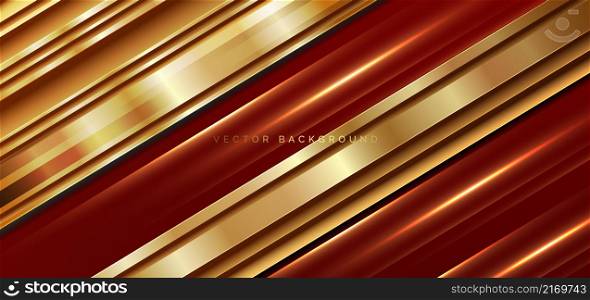 Abstract 3d luxury red background with diagonal geometric glowing golden effect lines. Futuristic elegant decoration template, backdrop, banner. Vector illustration