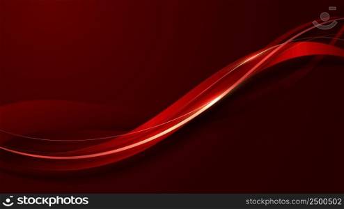 Abstract 3D luxury red color wave lines with shiny golden curved line decoration and glitter lighting on gradient red background. Vector illustration