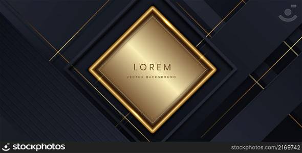 Abstract 3d luxury shiny dark blue background with lines golden glowing. Frame background. Vector illustration