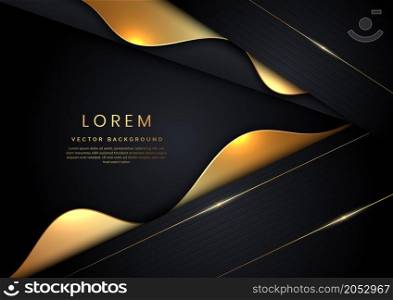 Abstract 3D luxury template shiny black background with lines curved shape overlap golden glowing sparkle. Vector illustration