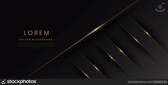 Abstract 3D luxury template shiny black background with lines golden glowing sparking. Vector illustration