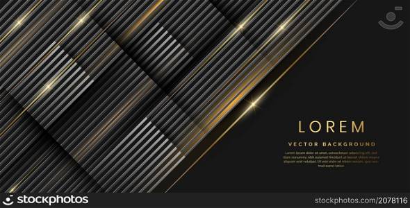 Abstract 3D luxury template shiny black background with lines golden glowing sparkle. Vector illustration