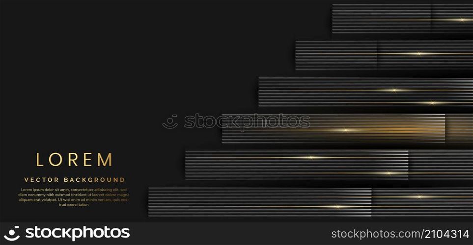 Abstract 3D luxury template shiny black background with lines golden glowing. Vector illustration