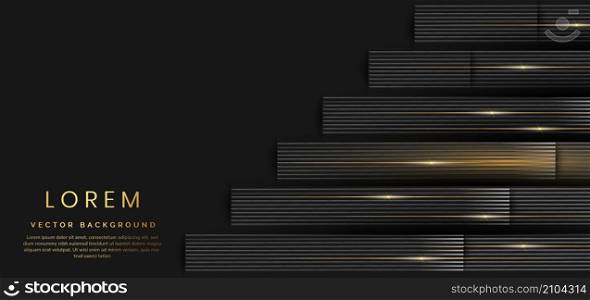 Abstract 3D luxury template shiny black background with lines golden glowing. Vector illustration