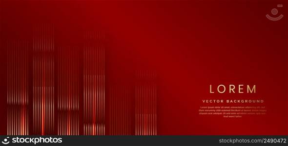 Abstract 3D luxury template shiny red background with lines golden glowing sparkle. Vector illustration