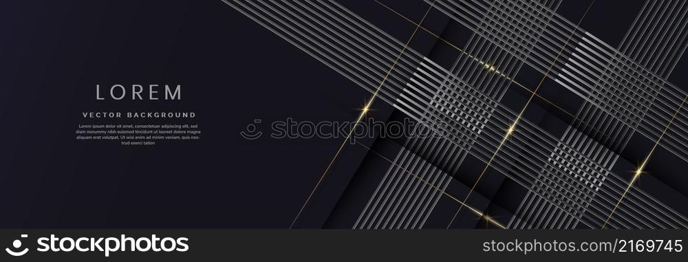 Abstract 3D luxury template silver diagonal dimension lines overlapping with gold lines light effect on dark blue background. Vector illustration