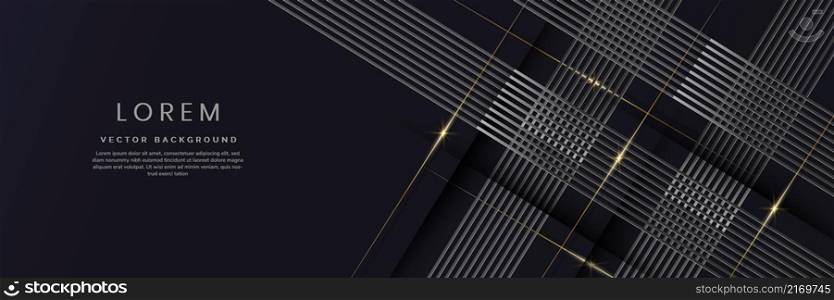 Abstract 3D luxury template silver diagonal dimension lines overlapping with gold lines light effect on dark blue background. Vector illustration