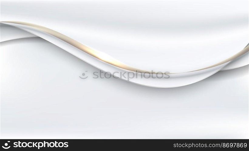 Abstract 3D luxury template white satin fabric with gold wave ribbon lines and lighting effect on clean background. Vector illustration