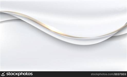 Abstract 3D luxury template white satin fabric with gold wave ribbon lines and lighting effect on clean background. Vector illustration