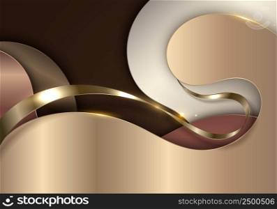 Abstract 3D modern luxury banner design template golden fluid wave paper cut with gold ribbon lines on brown background. Vector graphic illustration