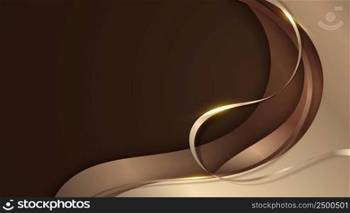 Abstract 3D modern luxury banner design template golden wave paper cut with gold ribbon lines on brown background. Vector graphic illustration