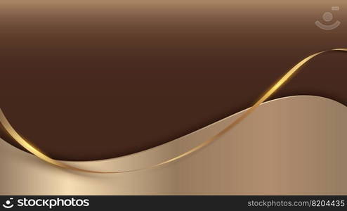 Abstract 3D modern luxury banner design template golden wave paper cut with gold ribbon lines on brown background. Vector graphic illustration