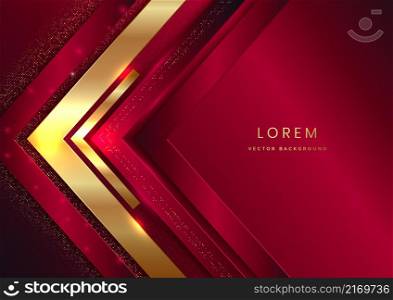 Abstract 3d modern luxury template red elegant color and gold arrow background with golden glitter line light sparkle. Vector illustration