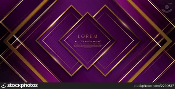 Abstract 3d modern luxury template violet color and gold arrow background with golden glitter line light sparkle. Frame square concept. Vector illustration