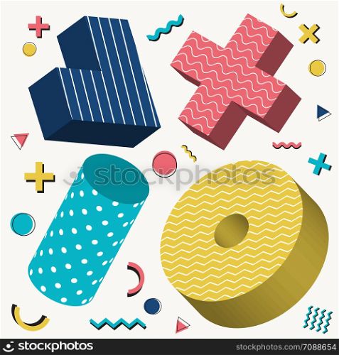 Abstract 3D objects design memphis style pattern with colorful geometric elements on white background. Vector illustration