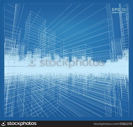 Abstract 3D perspective render of building wireframe. Architectural construction graphic idea. Vector illustration.