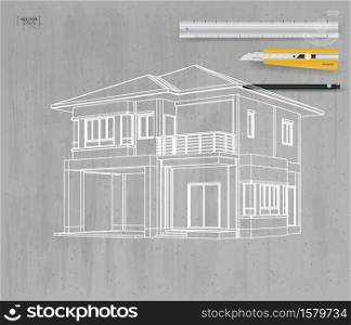 Abstract 3D perspective wireframe of house on gray concrete texture background. Vector illustration.