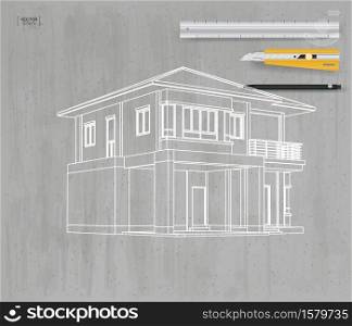 Abstract 3D perspective wireframe of house on gray concrete texture background. Vector illustration.